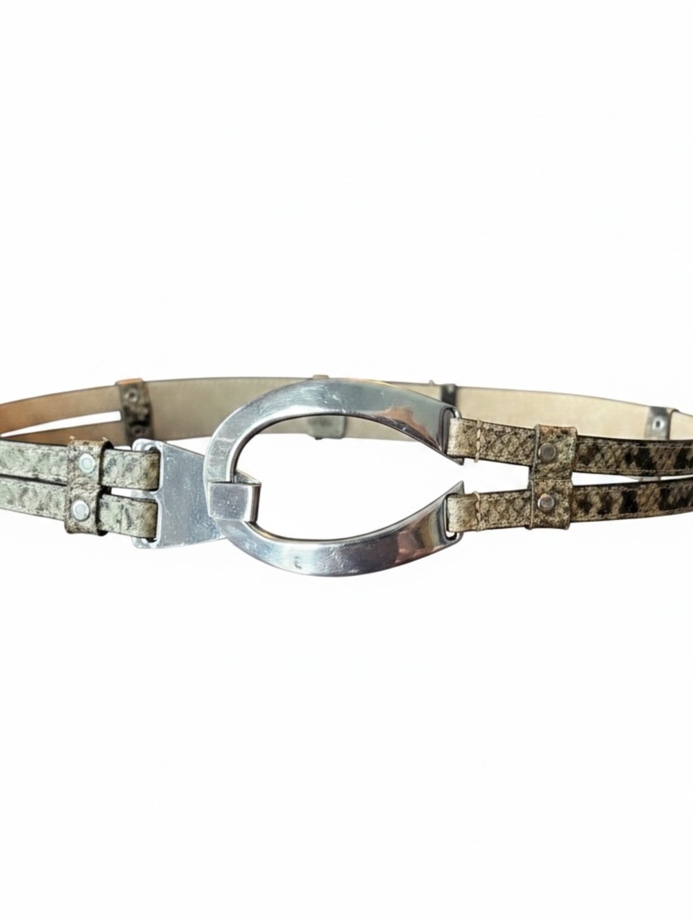 Chico’s Silver Toned Oval Buckle Belt-Olive/Black Snakeskin Print Straps Sz S/M